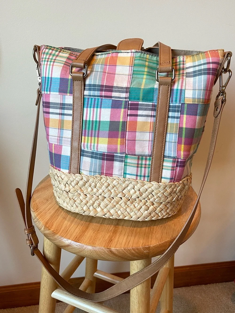 Talbots Multicolor Plaid Straw-Trim Satchel with Tan Leather